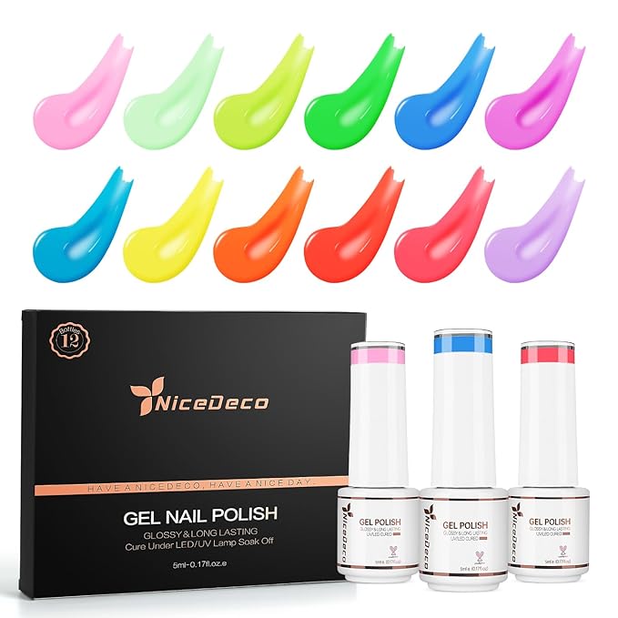 Nicedeco Gel Nail Polish Nail 12 Colors, Hema Free, Cruelty Free, Vegan, Neon Pink Yellow Blue U V Gel Manicure DIY Home for Women Girls Kit 6
