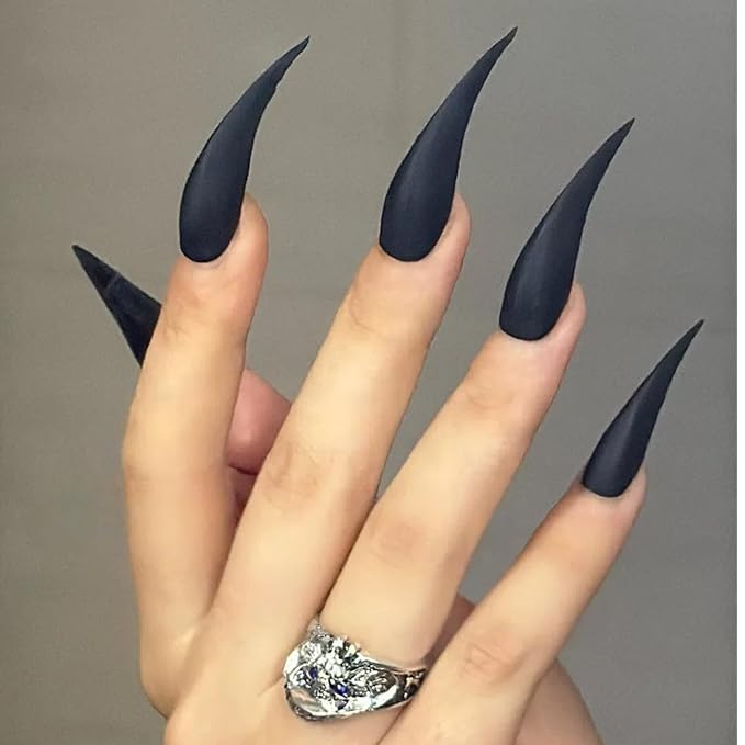 Halloween Press Claw on Nails Long Curved Stiletto Handmade Black Stick on Nails Horror Vampire Fake Nails Dragon Cat Claw Press on Nails Matte Acrylic Glue on Nail Thick (XS,Black Matte Finish)