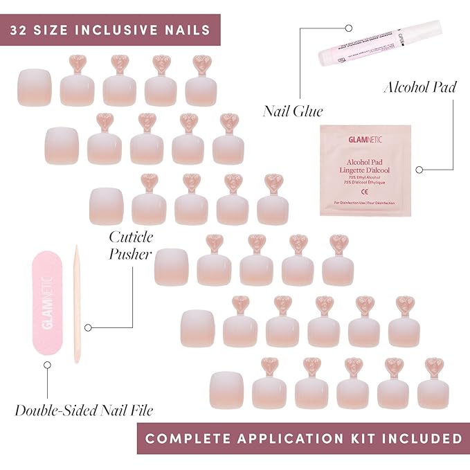 Glamnetic Press On Toenails - Creamer | Neutral Nude and White Ombre Fake Toe Nails with a Glossy Finish | 16 Sizes - 32 Toe Nail Kit with Glue