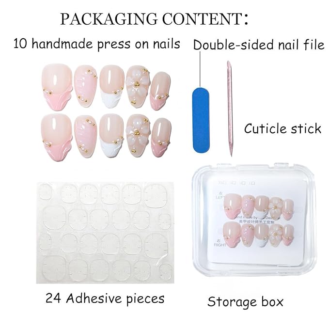 10PCS Luxury Handmade Press On Nails Nude Gradient Cat's Eye with Pearl Bow & Sparkling Rhinestones for Wedding & Party Reusable Almond Fake Nails Design Gift For Women and Girls (PZ03, XS)