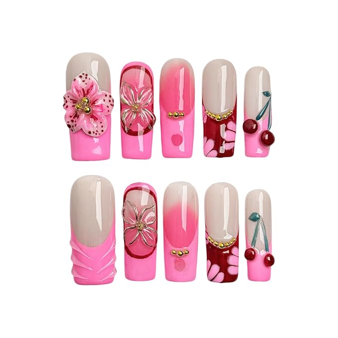 Pink Gradient Press on Nails Long Coffin Fake Nails 3D Luxury Flower Cherry Pattern Design Spring Summer Fruit French Tip Thick False Nails Golden Steel Ball Acrylic Nail for Women Nail DIY (Size S)