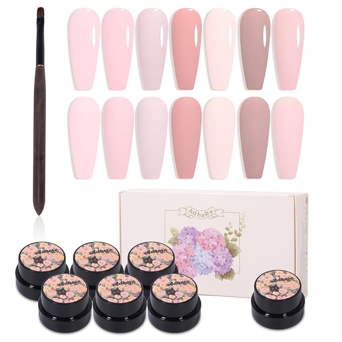 ADHERE Pink Gel Nail Set - 7 Colors with Brush, French Manicure, Soak Off LED Gel Polish, Nail Art DIY Gift