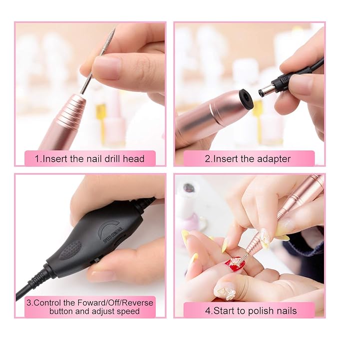 Portable Nail Drill Electric Nail File Professional 20000 RPM Manicure Pedicure Machine Nail File Drill Kit with Sanding Bands,Nail Drill Bits and Brushes for Acrylic Gel Nails(Gold)