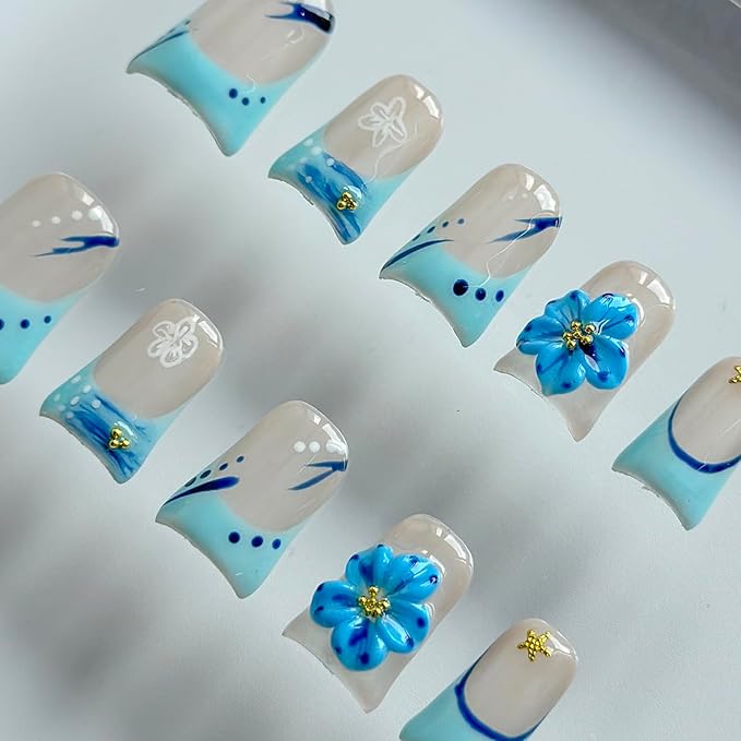 Luxury Press on Nails Short Duck Handmade 3D Unique Reusable ABS Material Fake Nails Blue French Tip False Nails with Designs Rhinestones Starfish Summer Glossy Glue on Nail Thick Acrylic Nail(S)