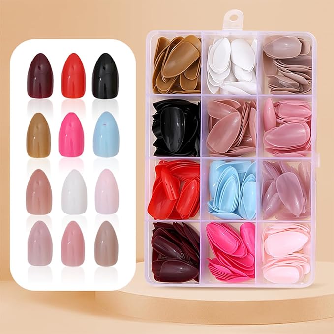 288Pcs Press On Nails Short Almond Fake Nails Solid Color False Nails Press Ons Set Full Cover Acrylic Glue on Nails Reusable Glossy Artificial Nail Kit for Women Girls Nail Art Decoration 12 Color