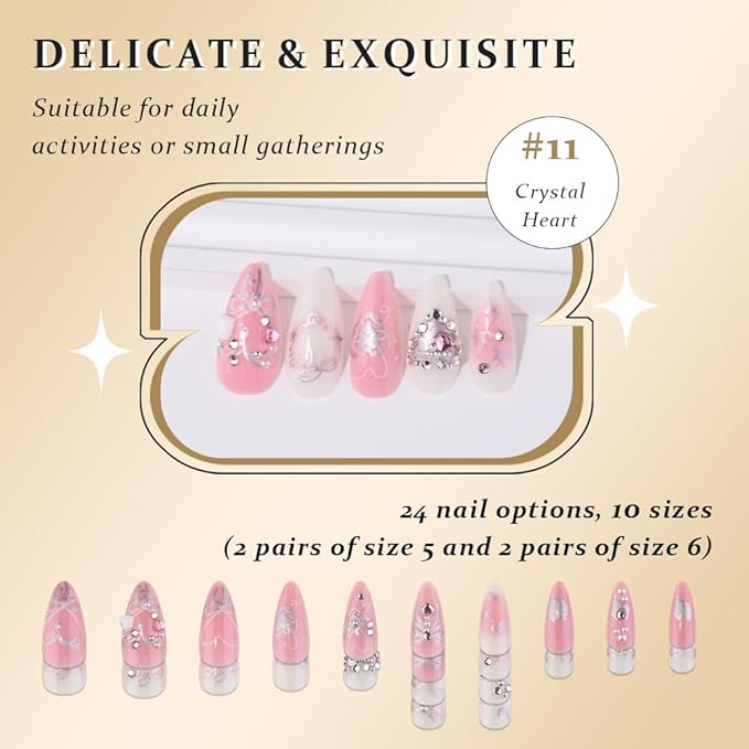 evpct 3D White Pink Handmade Press On Nails Almond Medium, 3D Crystal Heart Design Fake Nails Rusable for Spring & Summer Daily Wear, False Acrylic Nail with Kits Press ons Nail for Women Gift, 24Pcs