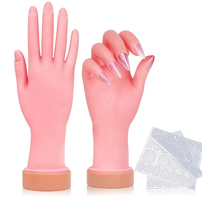 1Pcs Silicone Practice Hand for Nail Training with 48 Adhesive Tabs, Fake Hand for Acrylic Nails, Flexible Reusable Mannequin Hand Model for Gel Polish, Manicure and Nail Art Practice