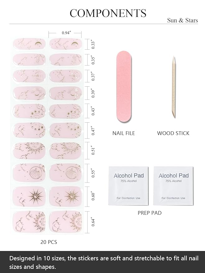 Semi Cured Gel Nail Strips (Sun & Stars), Pink, 20 Pcs Gel Nail Wraps, Stickers, UV Light Required, Salon Quality, Long Lasting