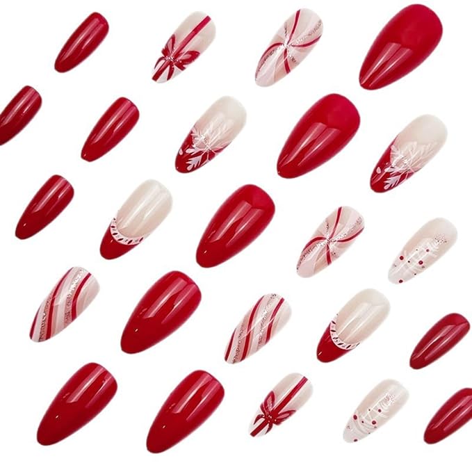 Press On Nails Almond Christmas, Press on Nails Short, Glue On Nails for Women Gift, Supremely Fit Natural Reusable Stick On Nails in 12 Sizes -24 Fake Nails Kit, Ribbon Snowflake