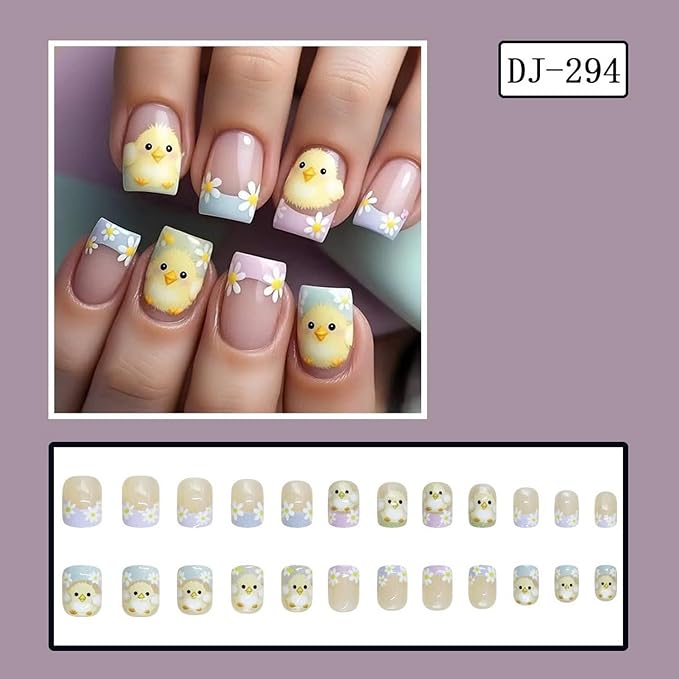 Easter Press on Nails Short Square Fake Nails with Cute Chick & Flower Design Pink French Tip False Nail Easter Spring Artificial Nails Full Cover Stick on Nail for Women Manicure Decoration 24 Pcs