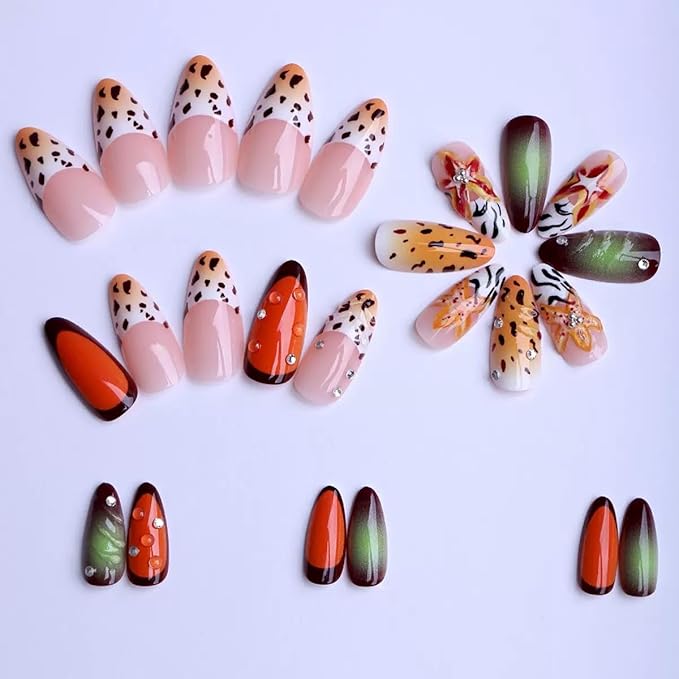Almond Press on Nails Medium - Flower Fake Nails with Leopard Print Design - French Tip Full Cover Stick on Nails for Women 24 Pcs