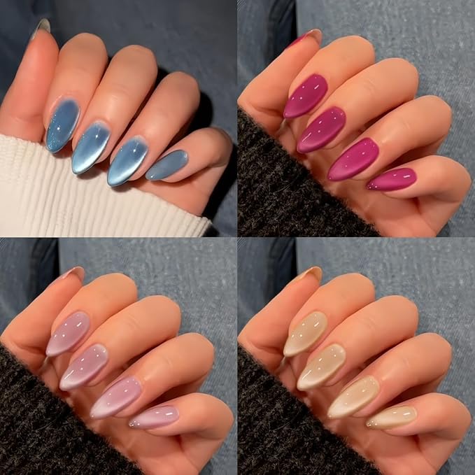 KQueenest 4 Packs Soft Gel Press On Nails Almond, Cat Eye Press On Nails Medium, Brighter Glitter Fake Nails Press Ons Stiletto, Sparkle Chrome Glue On Nails for Women Small Sizes Gift, 120 Pcs