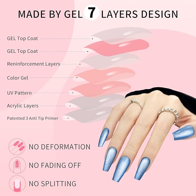 Blue Cat Eyes Press On Nails,12 Sizes-24 Pcs Soft Gel Medium Coffin Fake Nails Kit with Nail Glue, Natural Reusable Stick On False Nails for Women and Girls (Skycloud Blue Nails) SK0981