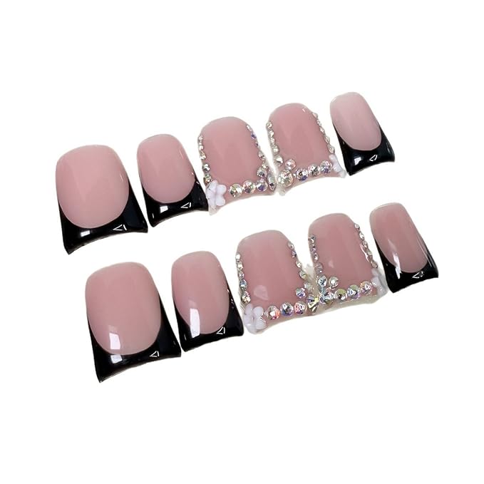10 Pcs Handmade Press on Nails Short Square 3D Flower & Rhinestone False Nails Design Black French Tip Fake Nail Full Cover Muti-Layer Gel Acrylic Stick on Nail for Women Manicure (Size S)