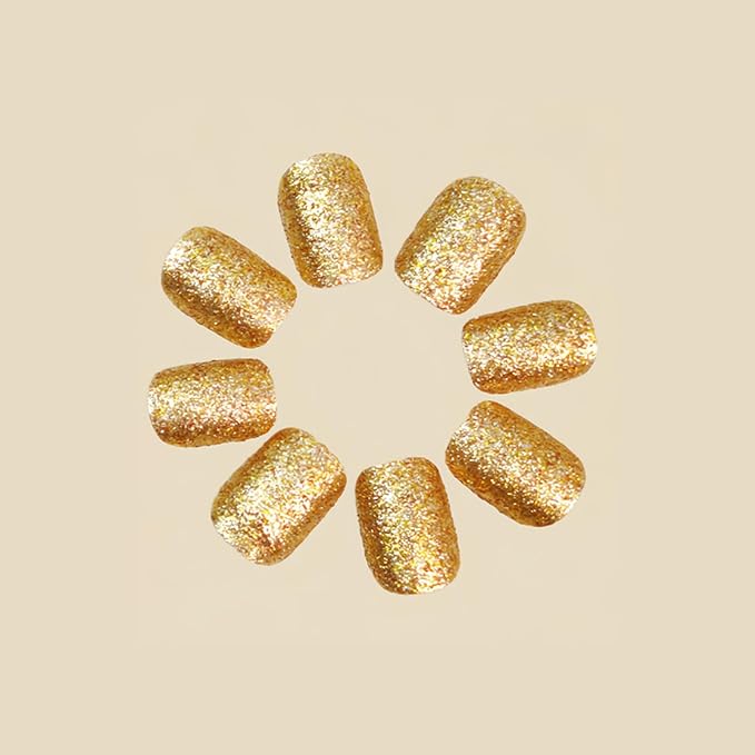 Gold Glitter Press on Nails Short Round Fake Nails Solid Gold Designs False Nails Shiny Golds Full Cover Glossy Reusable acrylic Stick on Nails for Women Girls Light Luxury Manicure Decoration 24Pcs