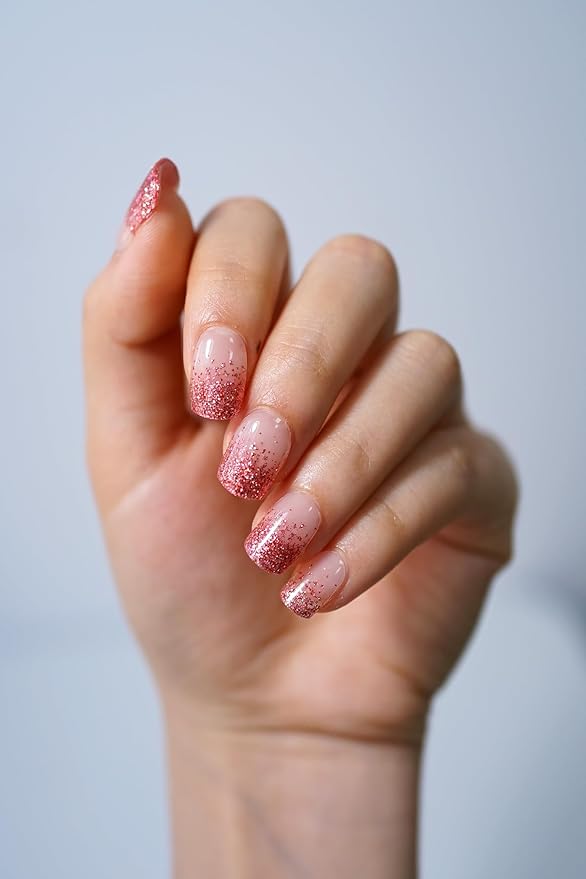 Semi Cured Gel Nail Strips, 20Pcs Long Lasting Salon Quality Wraps, Easy Apply & Remove Gel Nail Stickers with UV Light (Pink Diamond Dust)