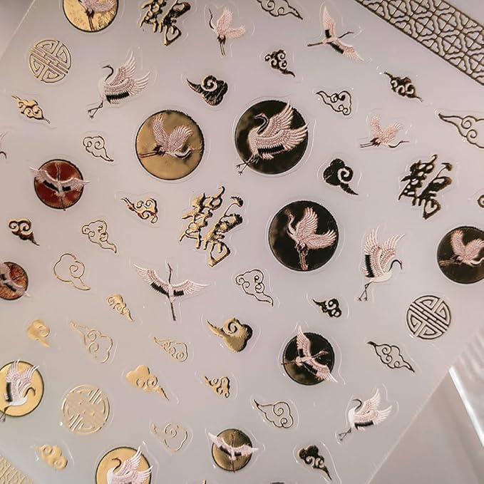 3Sheets 5D Nail Stickers Chinese Style Character Gold Red-Crowned Crane Propitious Cloud Nail Decals for New Year Acrylic Nail Art Design Supplies (Crane)