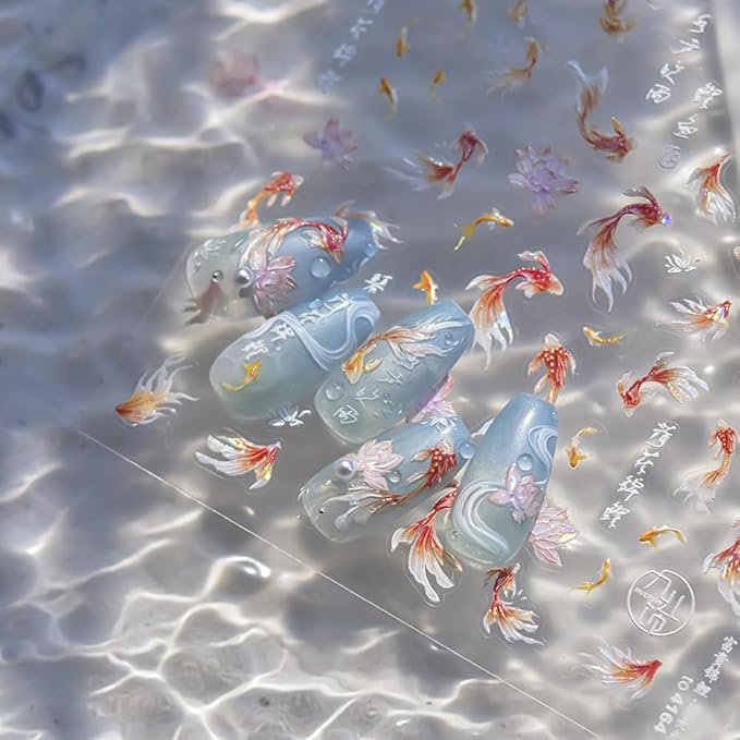 2Sheets Goldfish Nail Art Water Decals, Wish Lucky Fishs Design, Orange and Pink Gold Koi Fish Pattern