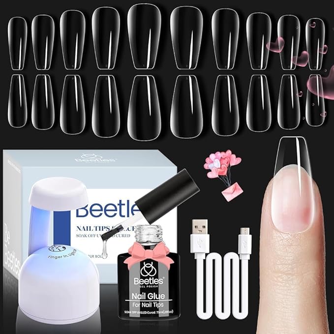 Beetles Gel Nail Kit Easy Extension Set With 500Pcs Medium Coffin Shaped Tips 5 in 1 Nail Glue Base Gel and Innovative Led Lamp Easy Funny Diy False Tips Art at Home Day Gifts for Her