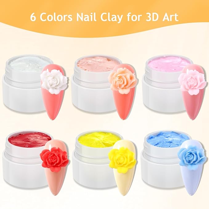 Colored Sculpting Gel for Nail Art, 6 Colors Nail Clay for 3D Art, Non-Sticky Hard Solid Builder Gel with Silicone Carving Pen, Nail Molding Kit for Home Manicure & Professional Salon