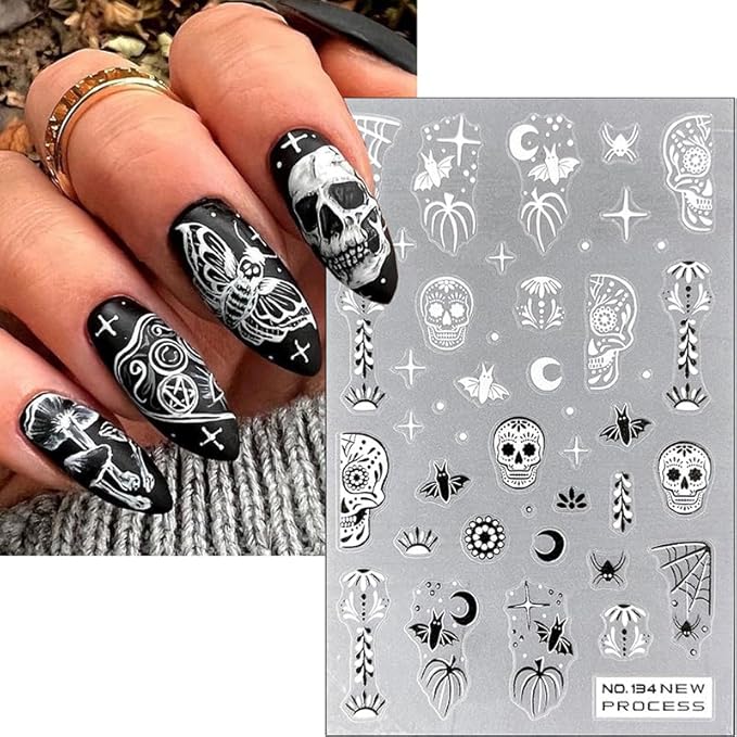 Halloween Nail Stickers Decals 3D Horror Spooky Devil Ghost 3D Self-Adhesive Nail Designs Gothic Ghost Pumpkin Skull Skeleton Halloween Nail Decals for Women Girls DIY Manicure Horror Nail Decoration