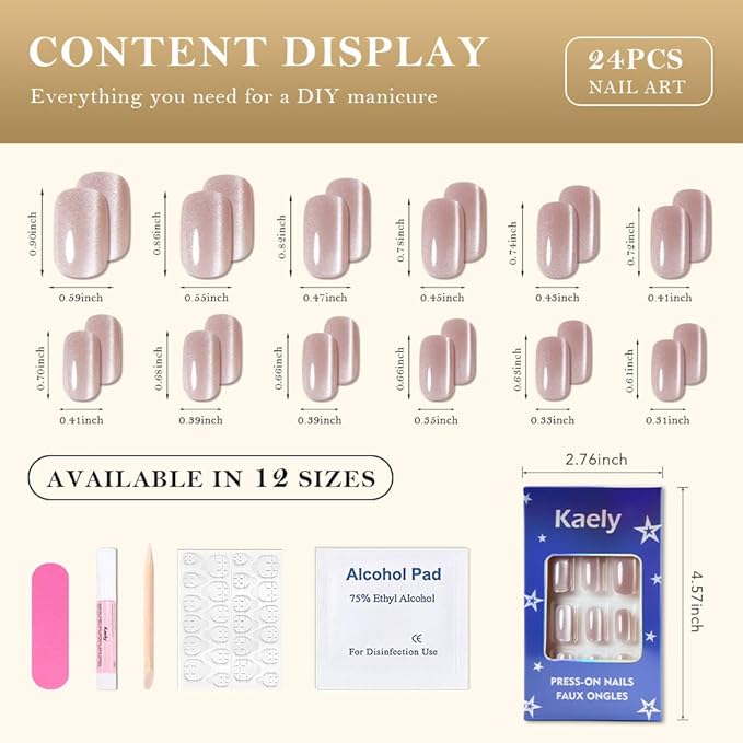 Cat Eye Light Nude Press On Nails Medium Long Length Square, Designer Reusable Acrylic Fake Nail with Glue, Glossy Gel Nails Wedding Party, Stick On Glue On Nail, Nails Press Ons for Women