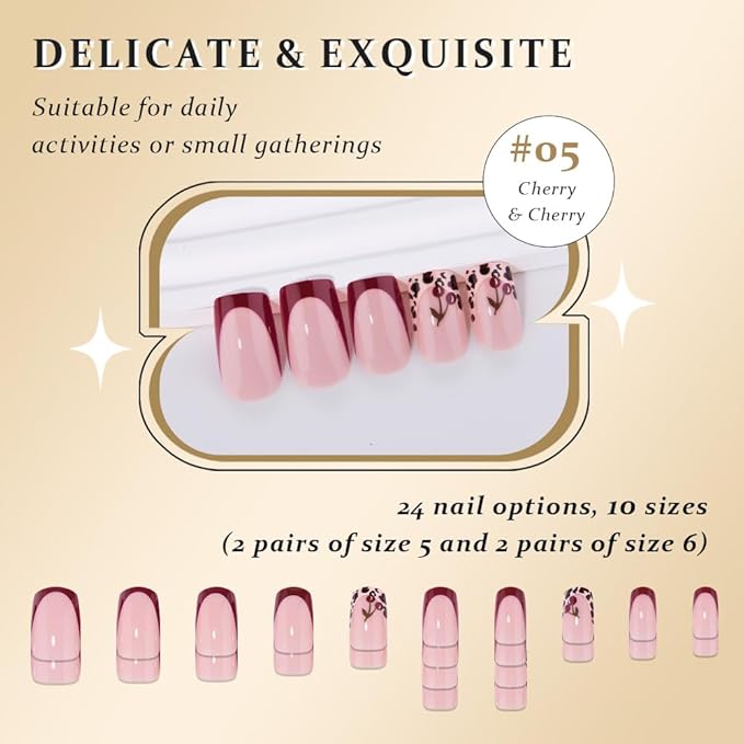 evpct Spring & Summer Press on Nails Medium Square, Cherry Fake Nails Press ons with 3D Pattern Design, Light Weight Perfectly Fit Fake Nails for Women Gift, Fake Nail Kit with Kits Gel, 24Pcs