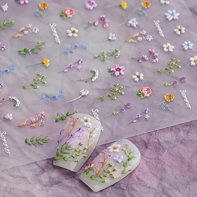 Nail Stickers, 3 Sheets 5D Embossed Art Decals, Self-Adhesive Sticker Charms for Manicure Pedicure, Butterfly Floral, Multicolor