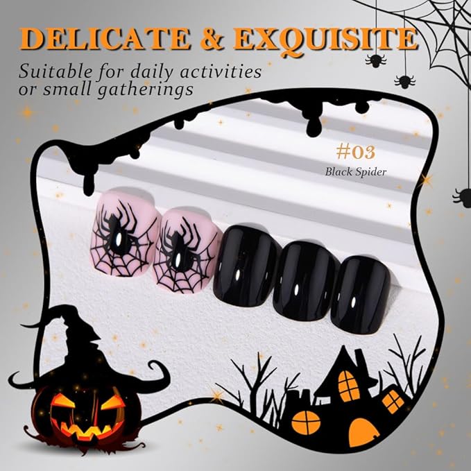 Halloween Black Press on Nails Petite Short Square with Spider Design, Black Artificial Extra Short Fake Nails with Cobweb Designs, Soft Gel Full Cover Cute Stick on Acrylic Nail for Women Girls