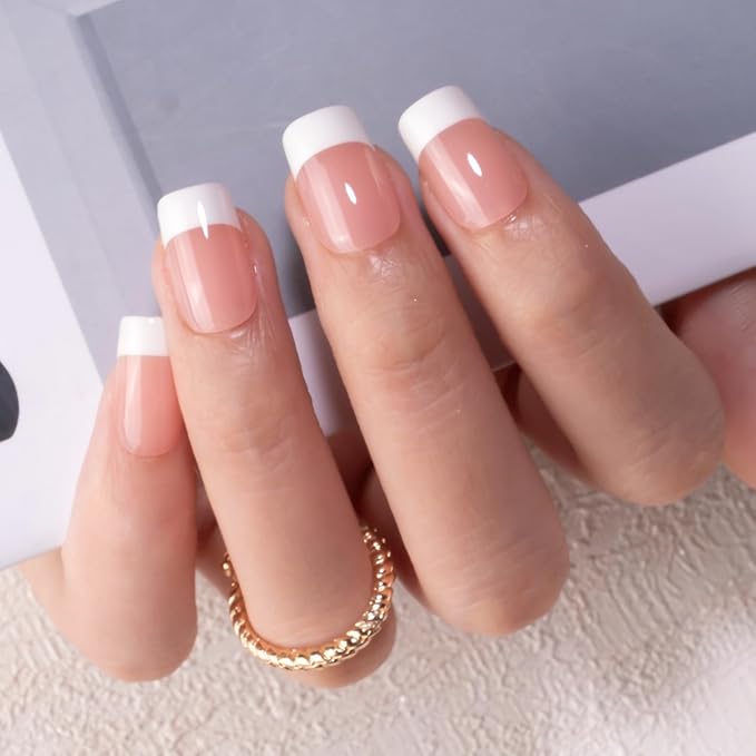 Curvlife Soft Gel Press on Nail, French Fake Nails with Design Full Cover for Women Reusable Nail Kit with Nail Glue Adhesive Tabs Nail File