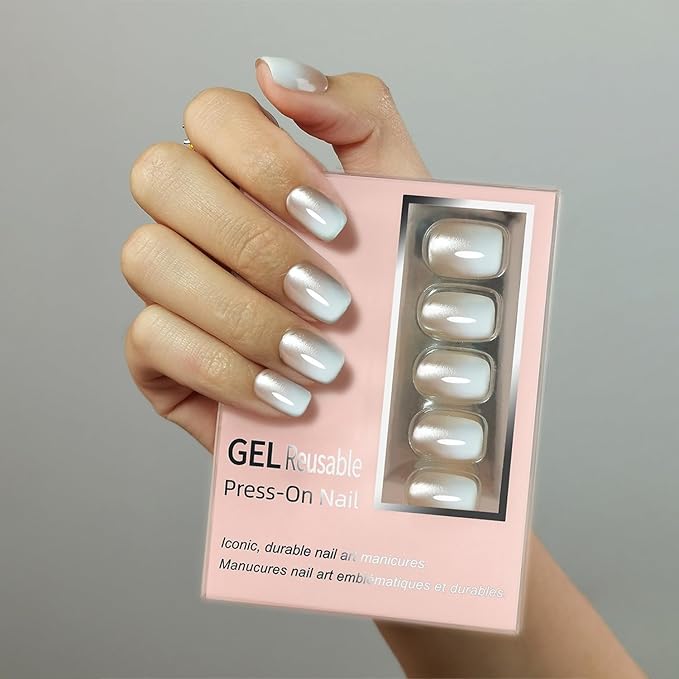 White Luxurious Cats Eyes Soft Gel Press on Nails Short Length Square False Nails with Gradient Designs Thickened Artificial Fake Nails Full Cover Glue on Nails for Women Nail Art Accessories 30 Pcs