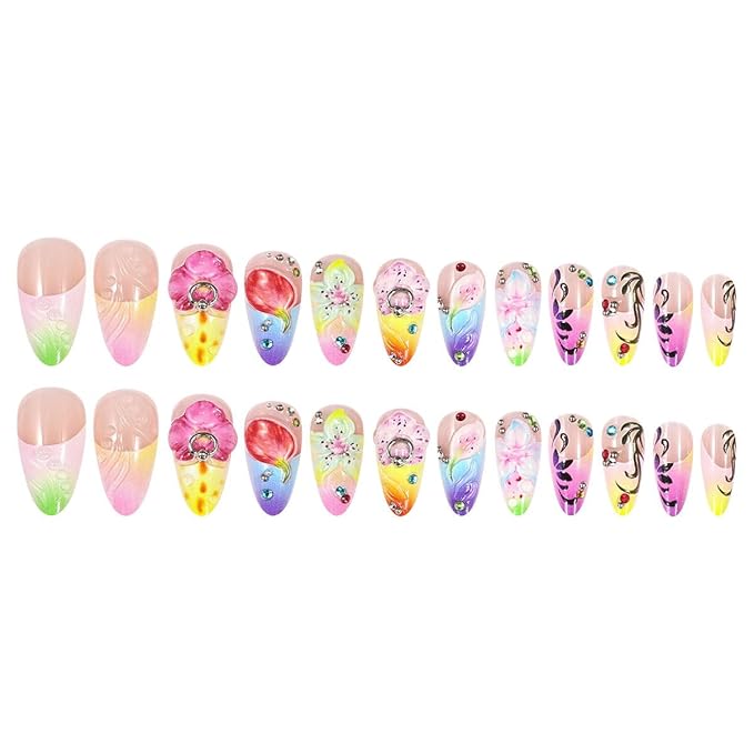Long Press on Nails Almond Fake Nails Flowers Colorful Artificial Nail with Rhinestone Designs Stick on Nail for Women 24pcs
