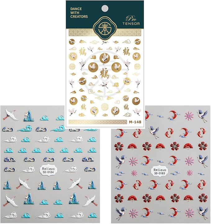 3Sheets 5D Nail Stickers Chinese Style Character Gold Red-Crowned Crane Propitious Cloud Nail Decals for New Year Acrylic Nail Art Design Supplies (Crane)