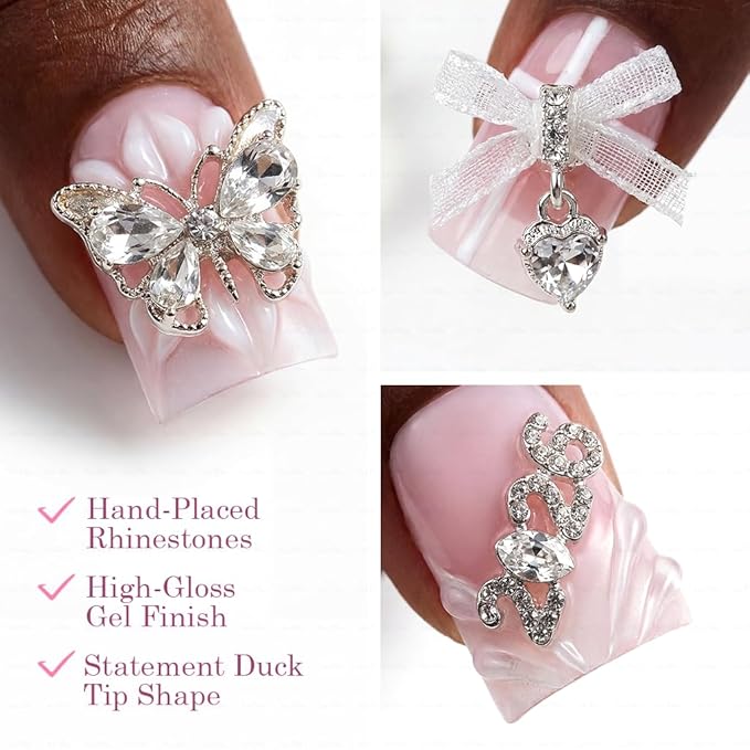 10 Pieces Luxury Acrylic Press On Nails Short Handmade Duck Nails, Pink Thickened False French Nails, 2026 3D Decoration, Rhinestones, Lace Bows And Butterflies, New Years Nails (S)