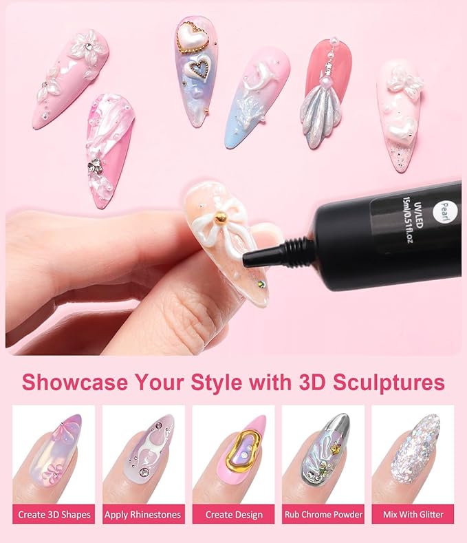 30g Pearl 3d Nail Gel Sculpting Gel No Wipe Craving 5D Embossed 3D Nail for Carving,Molding and Painting Designs,Rhinestone Glue for Gems Decoration