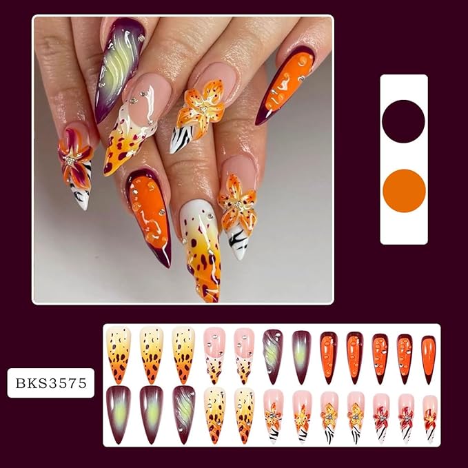 Long Almond Press on Nails Zebra Artistic Party Fake Nails Floral Leopard Stick on Nail for Women 24pcs
