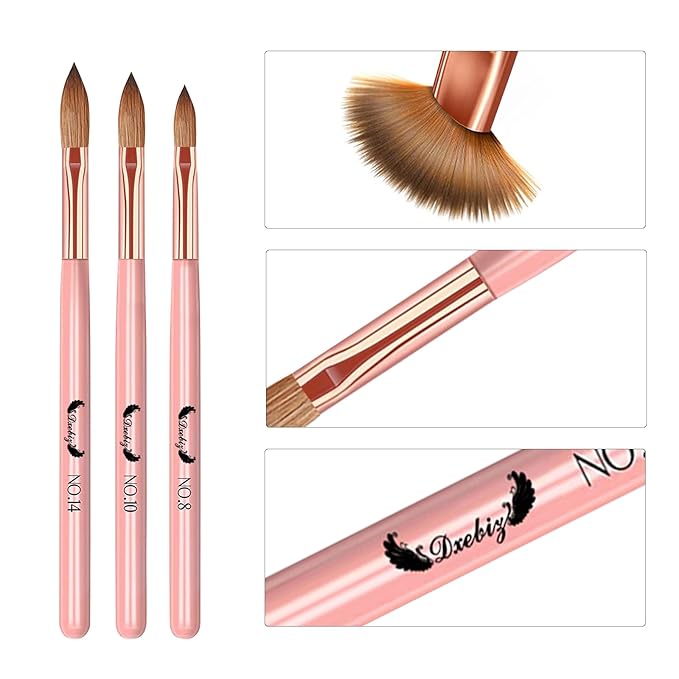 3 PCS Nail Brush Set, Professional Nail Art Brush Size 8/10/14, Nail Brushes for Acrylic Powder, 3D Nailcarving Tool Brushes Festival Women Gift Set, Art Brush for Beginner and Professional, PInk