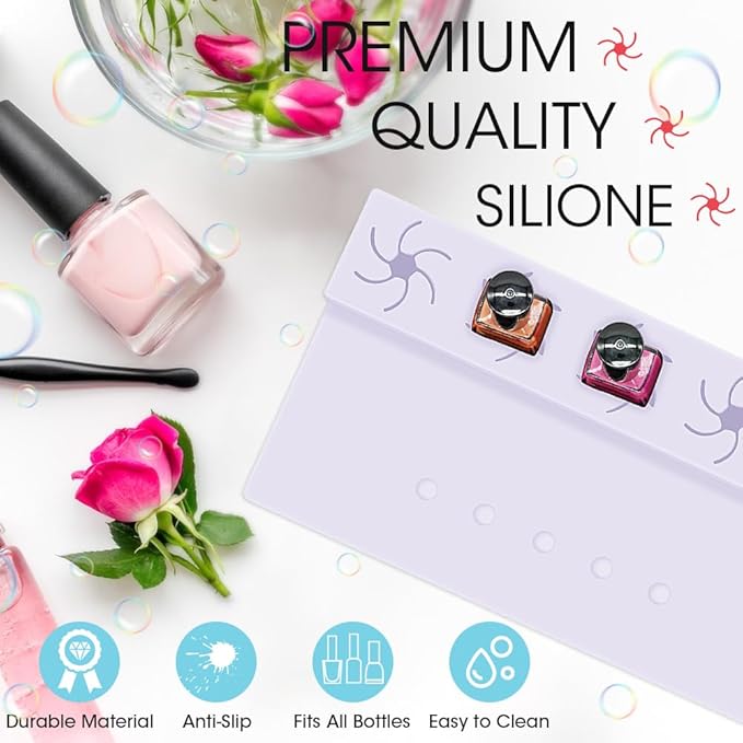 Nail Polish Holder,Silicone Hand Rest Mat Fingernail Painting Tools 2 in 1 Art Accessories Organizer Case Set with Anti-Spill Bottle Stand and Finger Separators for Pedicure Manicure(Purple)