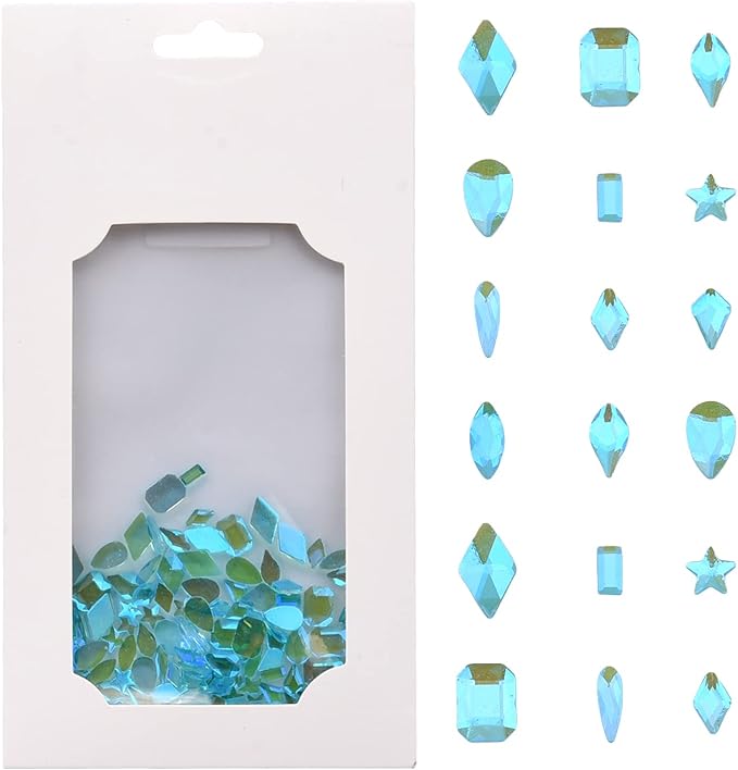 100pcs Aurora Aquamarine Si Transparent Crystal ab Flat Back Glass Colored Nail Gems and Rhinestones Bulk Shapes Mix for Nail Design