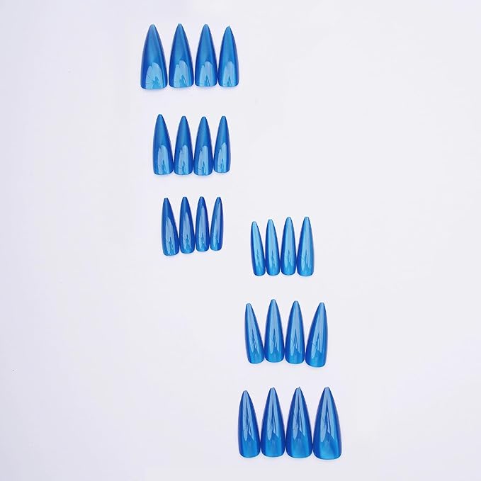 MISUD Press on Nails - Long Stiletto Fake Nails, Acrylic Summer Blue Cat Eye Design 24 pcs
