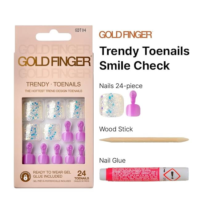 GoldFinger Trendy Press On Fake Toenail Kit, Glitter Confetti Flakes & Purple Color, Ready to Wear Gel & Manicure Stick, Mini Glue included, Long-Lasting Convenient & Easy to Apply
