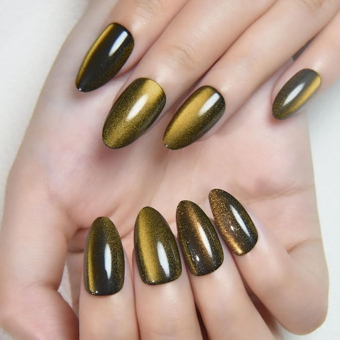 evpct Cat Eye Gold Press on Nails Almond Short, Gold Metal Short Almond Soft Gel Press on Nails with Nail Kit, Fit Perfectly, 30Pcs Reusable Acrylic Fake Press-on Nail Polish Kit for Women Gift