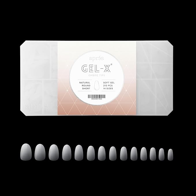 Apres Ombre Gel-X® Box of Nail Tips, 14 Sizes 00-9, Premium Quality (Natural Round Short, 210 Count)