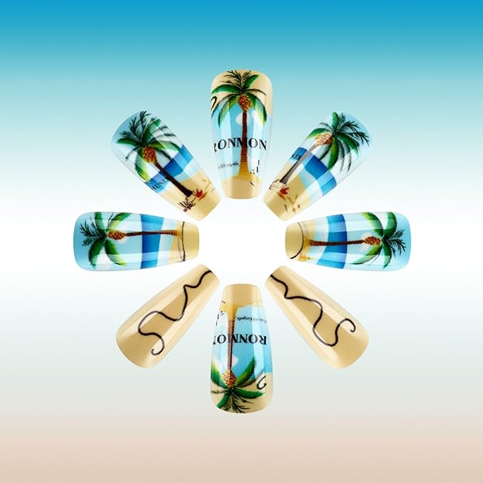 Medium Press on Nails Coffin Fake Nails with Designs Coconut Tree Glue on Nails Blue Seaside Acrylic Nails Summer Beach Artificial Nails Glossy Full Cover Stick on Nails for Women Girls
