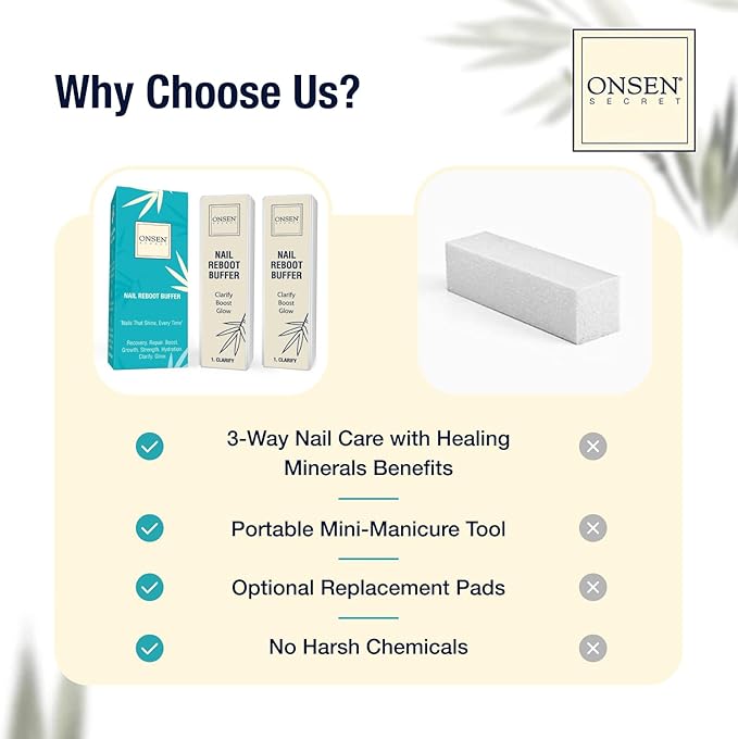 Onsen Secret Professional Nail Buffer Block | 4-Way Buffing for Natural Shine & Healthy Natural Nails - Includes 2 Extra Shine Pads, Salon-Quality, Post-Gel & Acrylic Recovery | 2 Pack