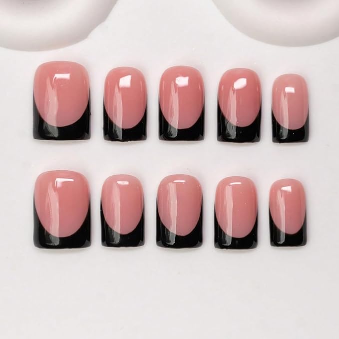 Handmade Press on Nails Black French Tip False Nails with Designs Solid Color Luxurious Thickened Short Square Fake Nail Full Cover Muti-Layer Gel Acrylic Nails Stick on Nail for Women（M)
