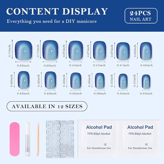 evpct Blue Cat Eye Extra Short Press on Nails Square, Petite Short Square Stick on Nails for Women Gift, Light Sky Blue Metallic Glitter Glossy Reusable Gel Press on Acrylic Fake Nail with Designs