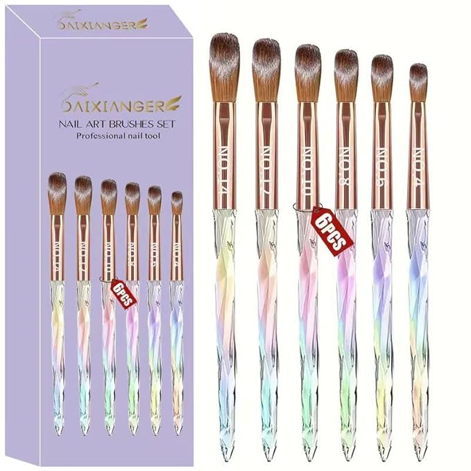6PCS Acrylic Nail Brush Set,Size 4/6/8/10/12/14 Professional Nail Brushes for Acrylic Application Extension and 3D Carving for Nail Home Salon DIY
