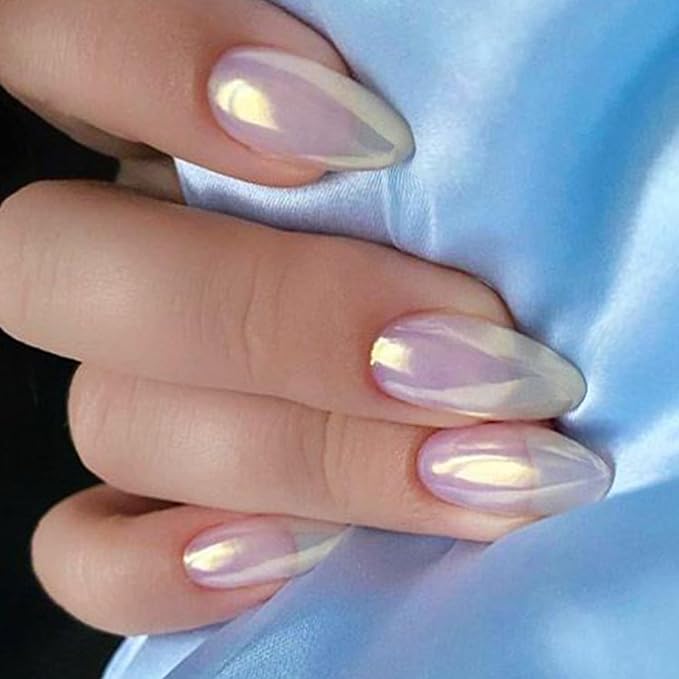 GLAMERMAID Chrome Press On Nails Short Almond, White Pearl Handmade Soft Jelly Gel Fake Nails, Glazed Donut Round Oval Stick Glue on Nails Kit for Women, Mermaid Matal Reusable Acrylic False Nail Set