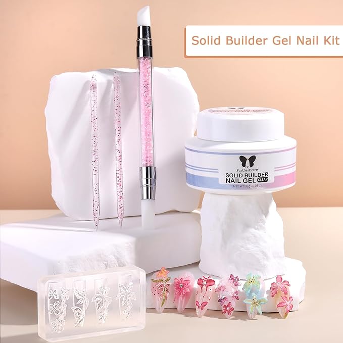 3D Sculpting Gel for Nail Art, 30g Clear Solid Builder Gel Non-Stick Hand Extension, Molding for Nails with Flower Nail Mold & Carving Pen, Professional Manicure Salon Supplies
